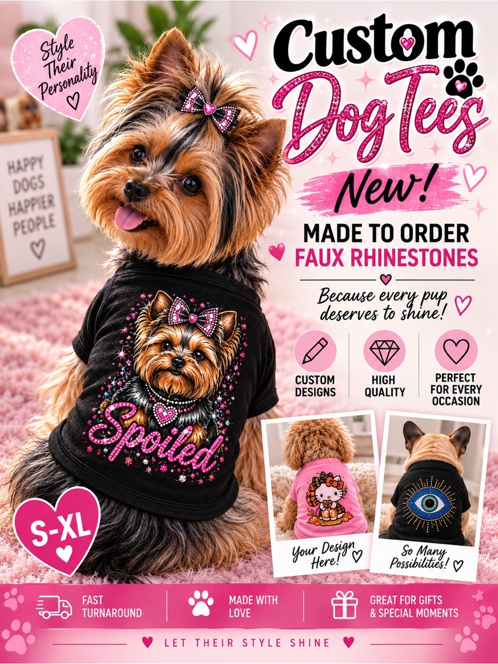 Custom Pink Dog Tee with Faux Rhinestones  printed S-Xl pick one new